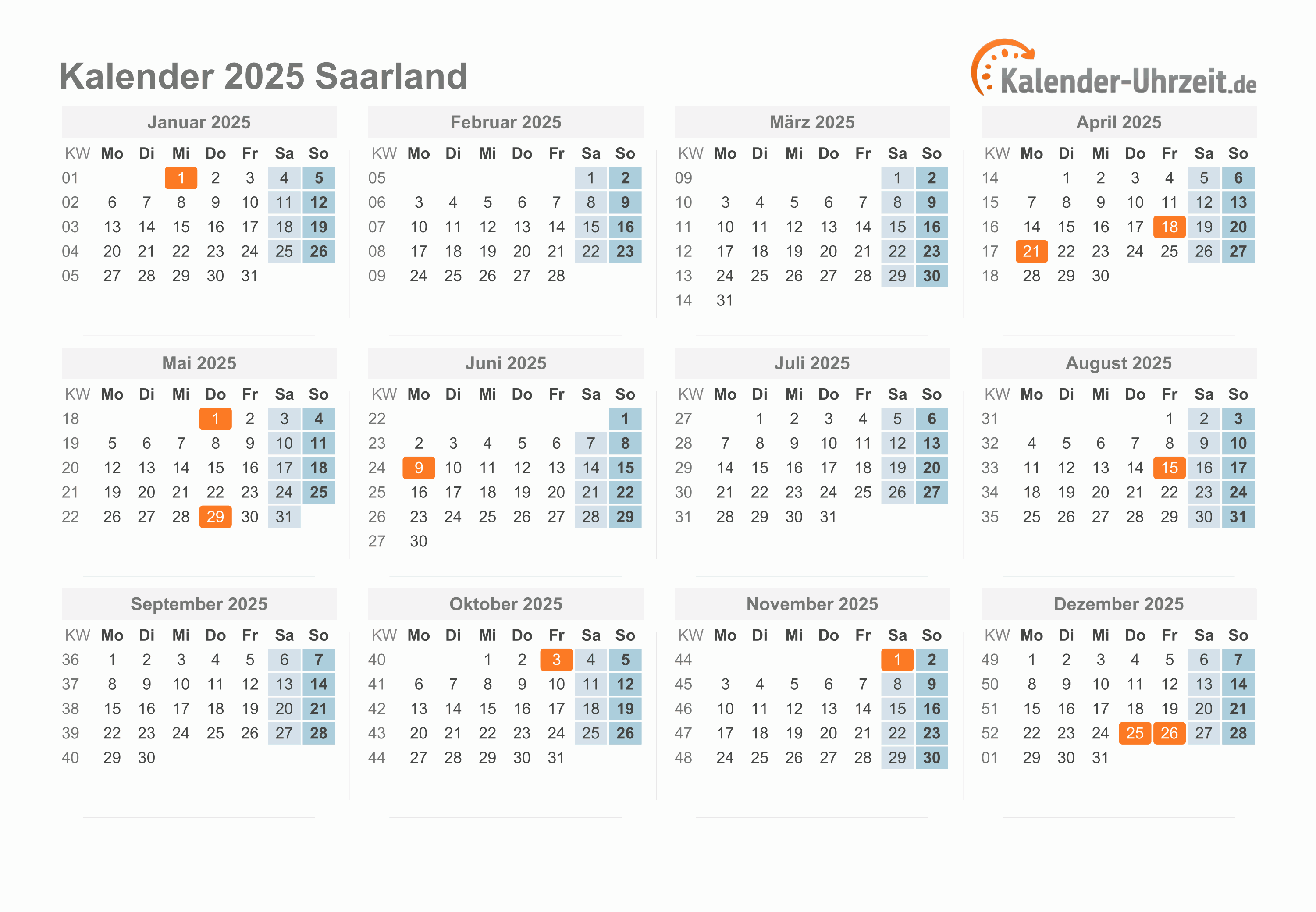  Feiertage 2025 Saarland + Kalender Illustration 