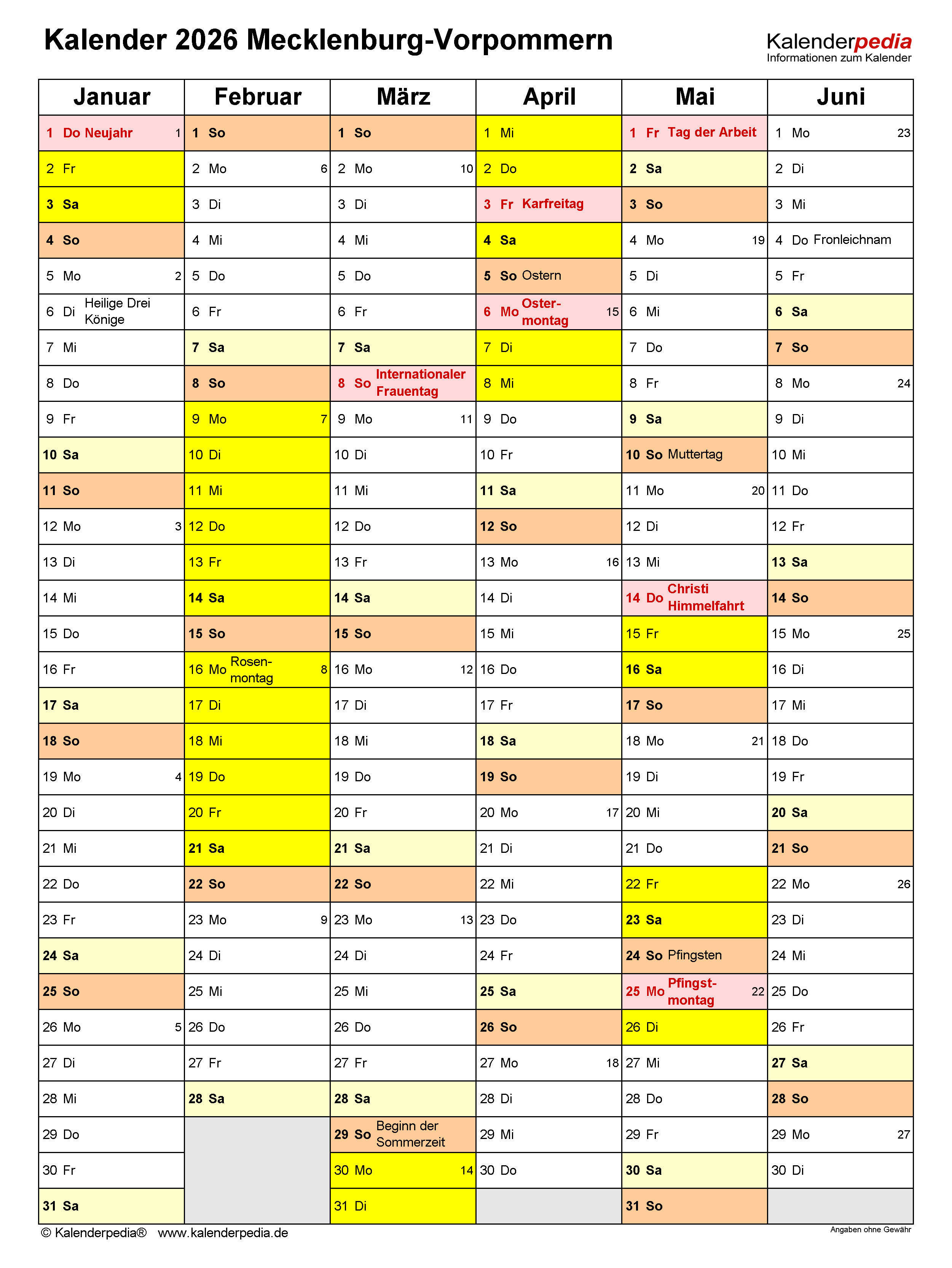  Kalender 2026 Mecklenburg-Vorpommern: PDF-Vorlagen mit Ferien Motiv 