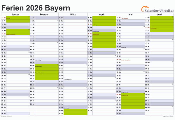  Ferien Bayern 2026 - Ferienkalender zum Ausdrucken Motiv 