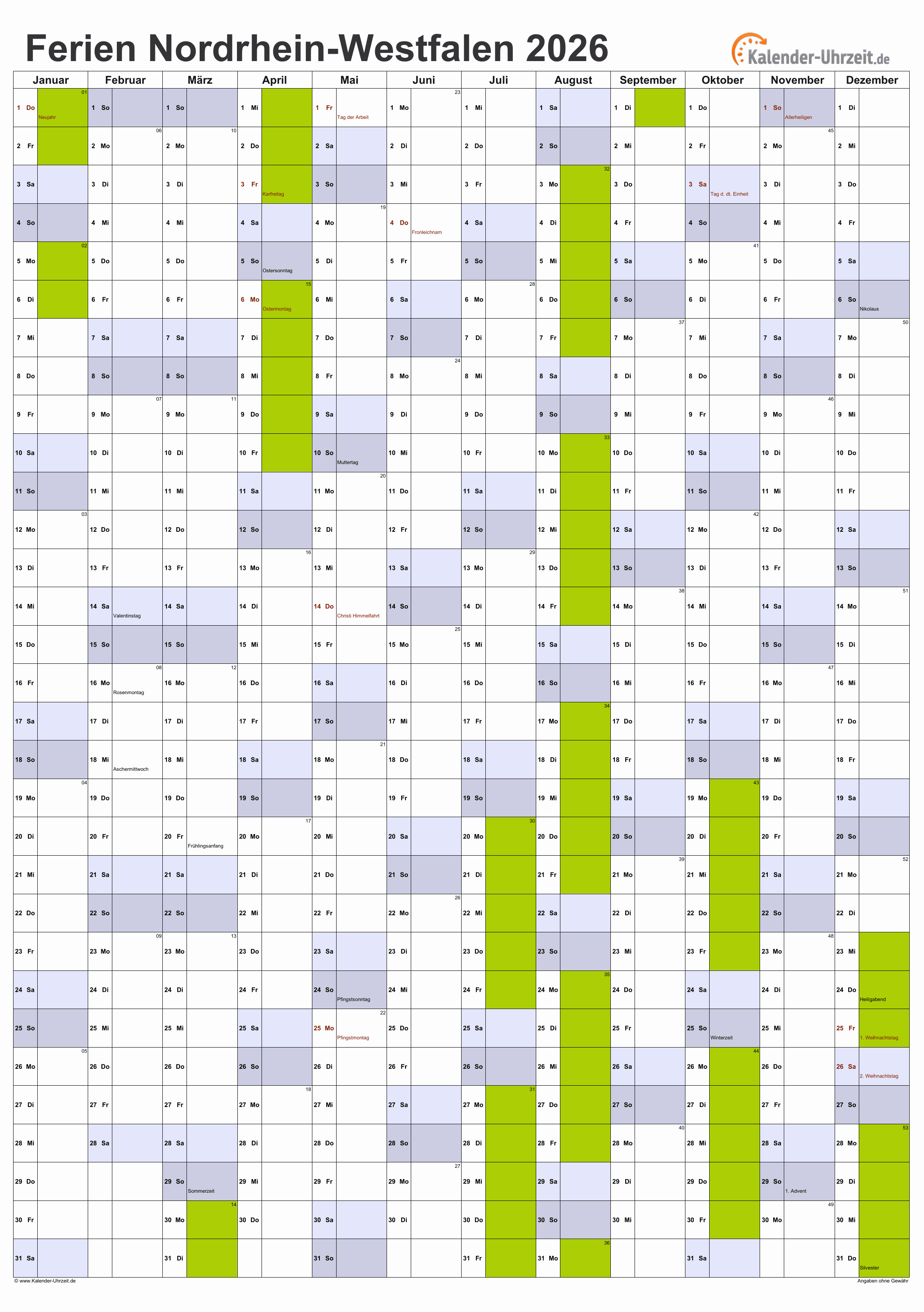  Ferien Nordrhein-Westfalen 2026 - Ferienkalender zum Ausdrucken 