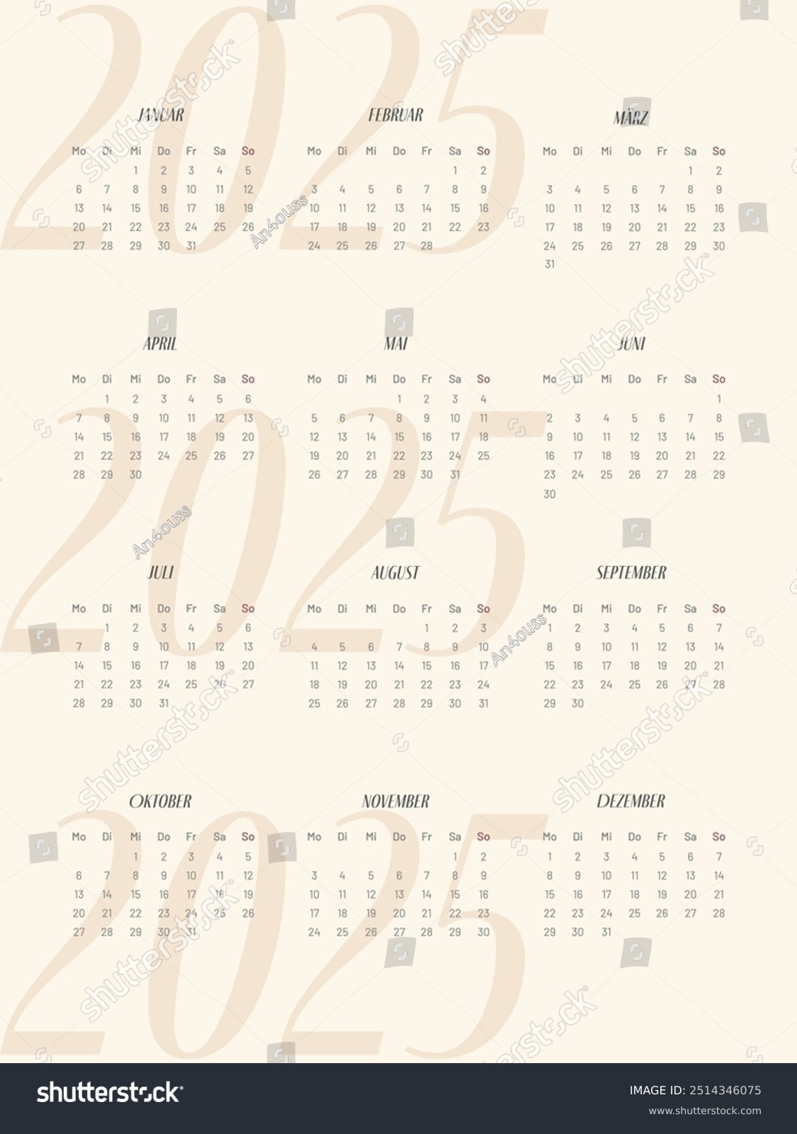  2025 German Calendar Vertical Calendar Week Stock Vector (Royalty Free 