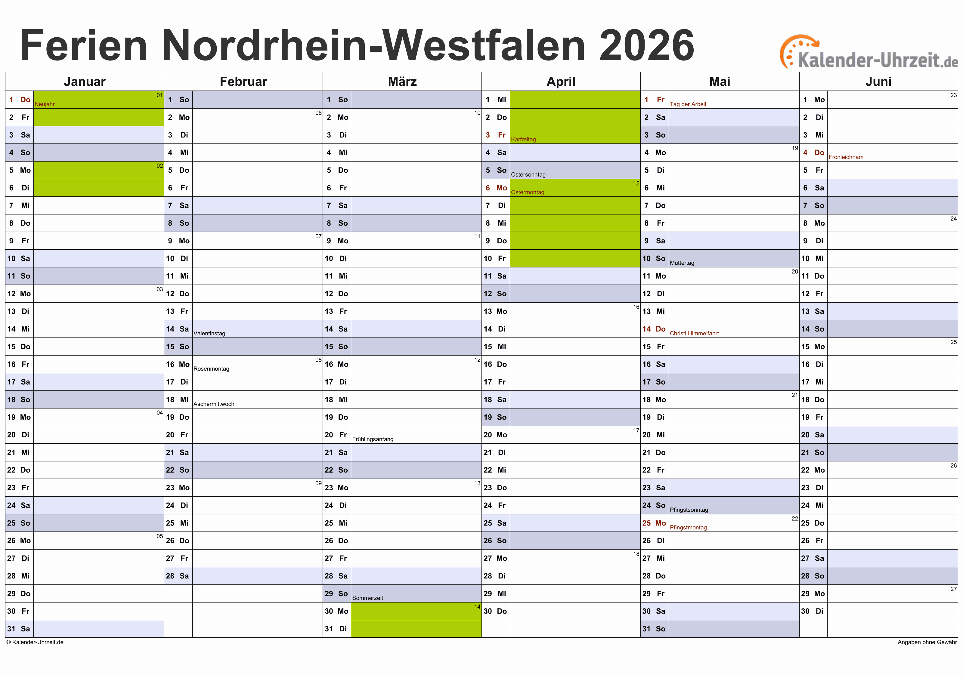  Ferien Nordrhein-Westfalen 2026 - Ferienkalender zum Ausdrucken Illustration 