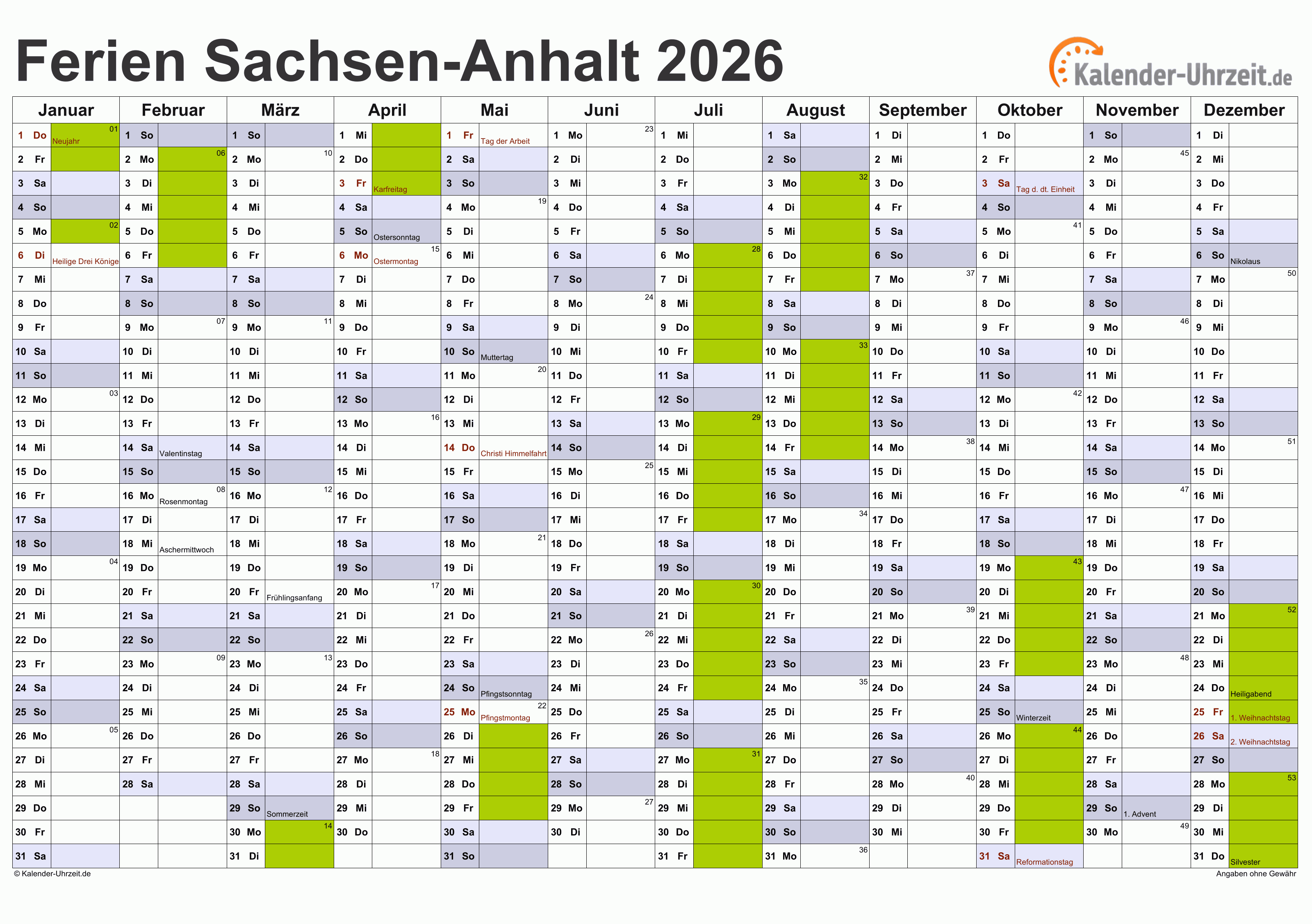  Ferien Sachsen-Anhalt 2026 - Ferienkalender zum Ausdrucken Illustration 