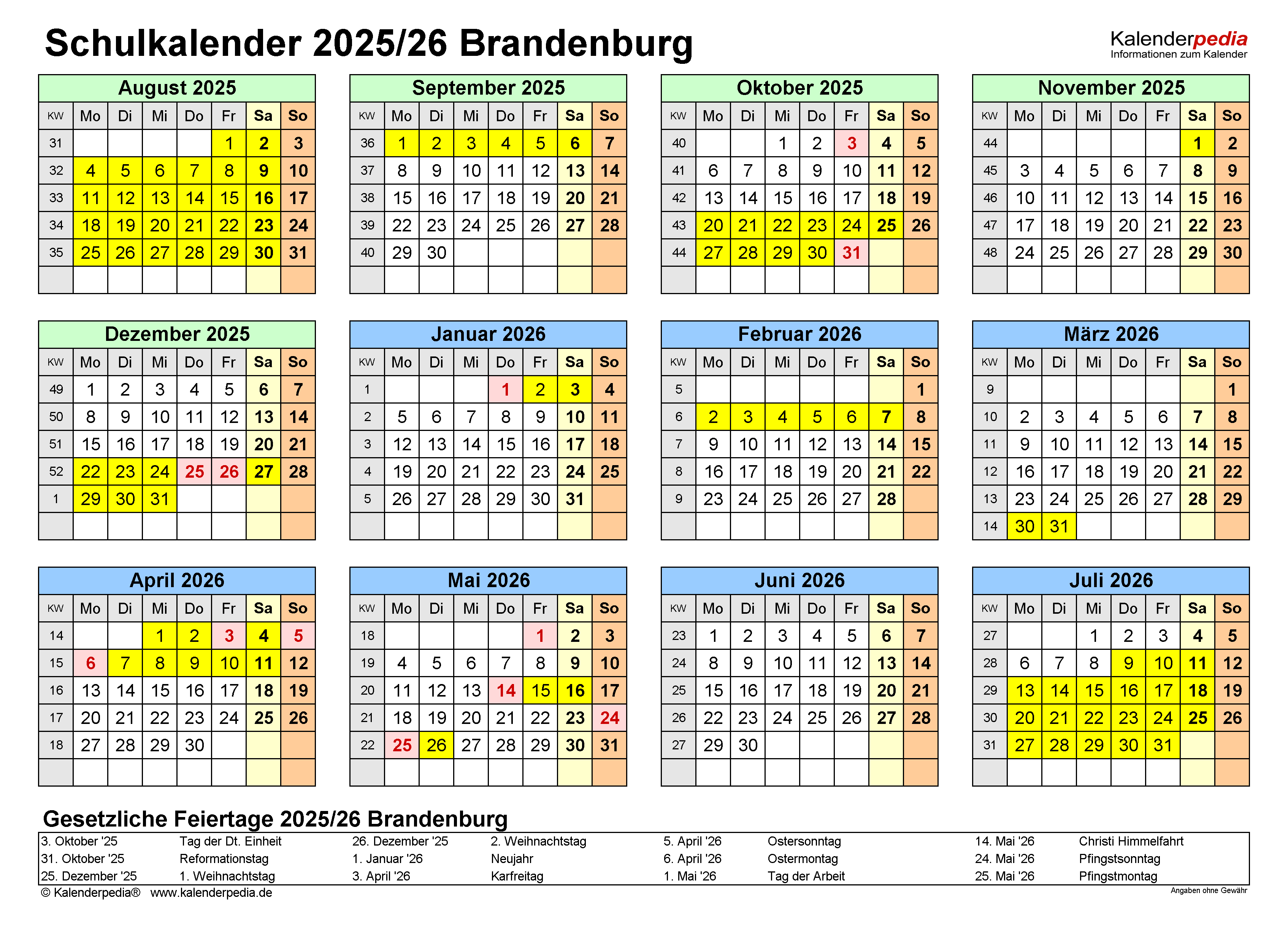  Schulkalender 2025/2026 Brandenburg für PDF Bildidee 