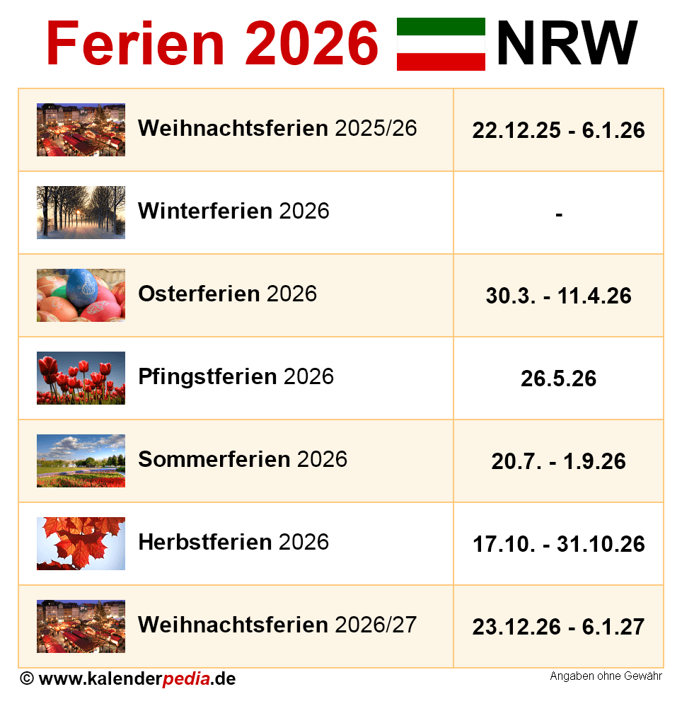  Foto zu Ferien NRW 2026 - Übersicht der Ferientermine 