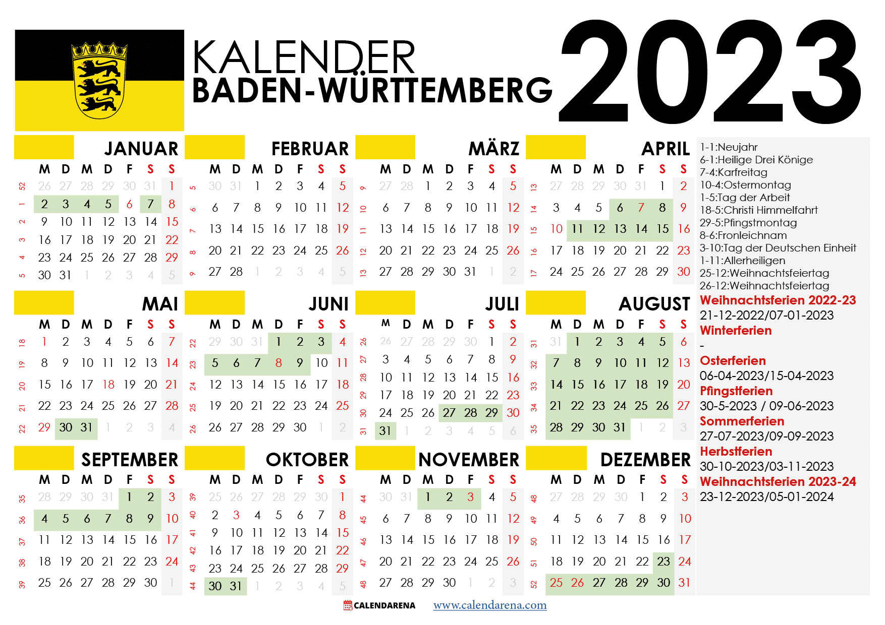  Kalender 2023 Baden-Württemberg Mit Ferien + Feiertage Motiv 