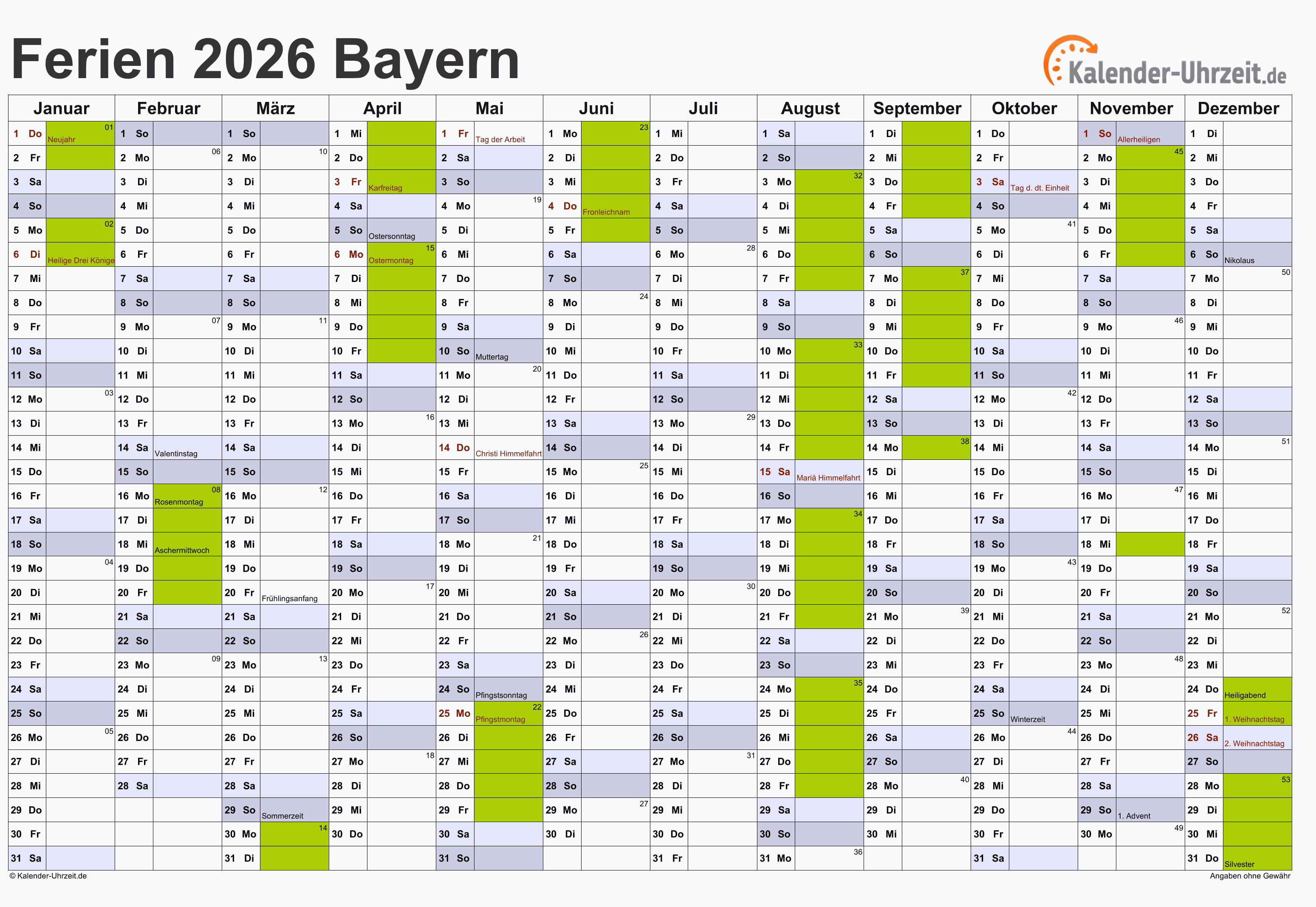  Ferien Bayern 2026 - Ferienkalender zum Ausdrucken Motiv 