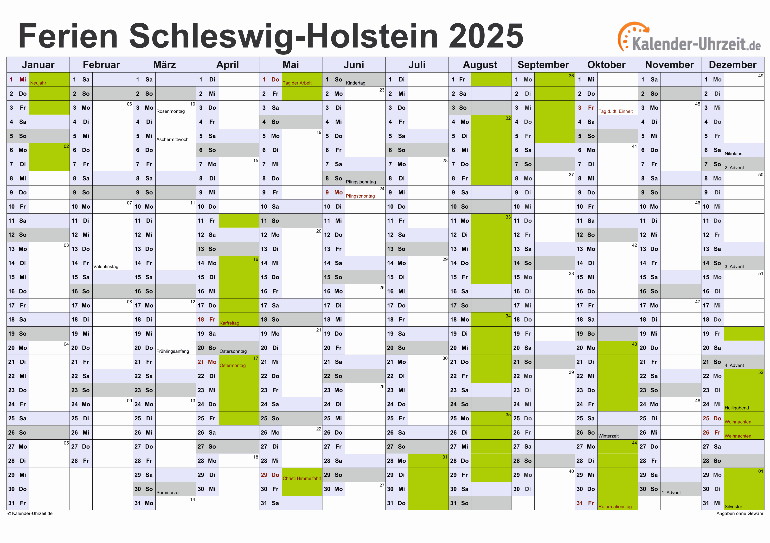  Ferien Schleswig-Holstein 2025 - Ferienkalender zum Ausdrucken Motiv 